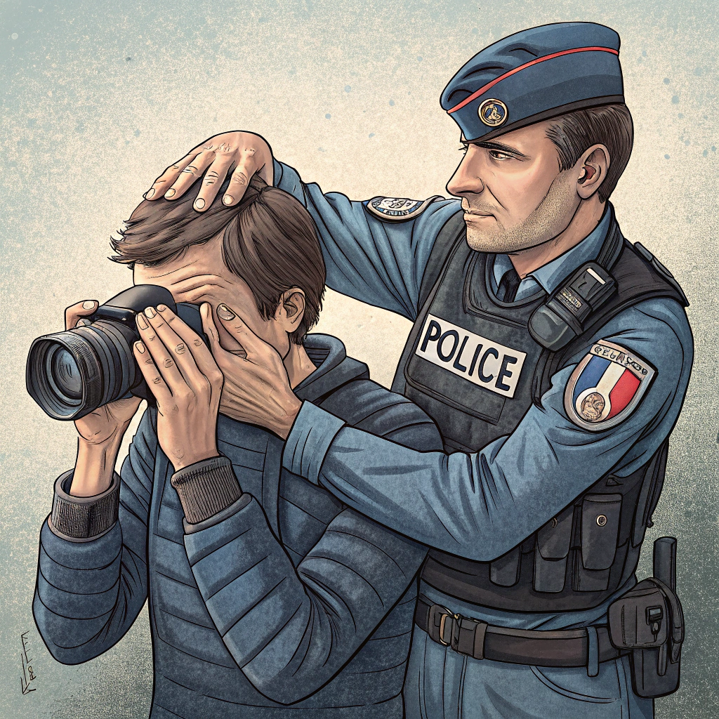 Un policier empêche un journaliste de travailler.